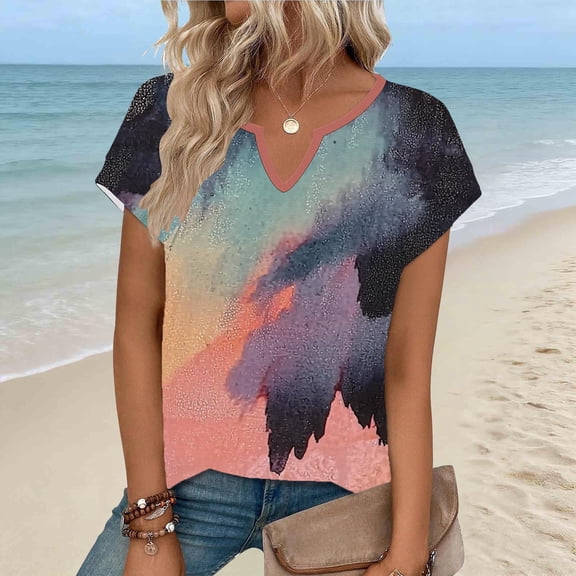 Roncen Women's Summer Casual V Neck Allover Print Tops American Vintage Texture Short Sleeve Boho Vacation Blouses Shirts