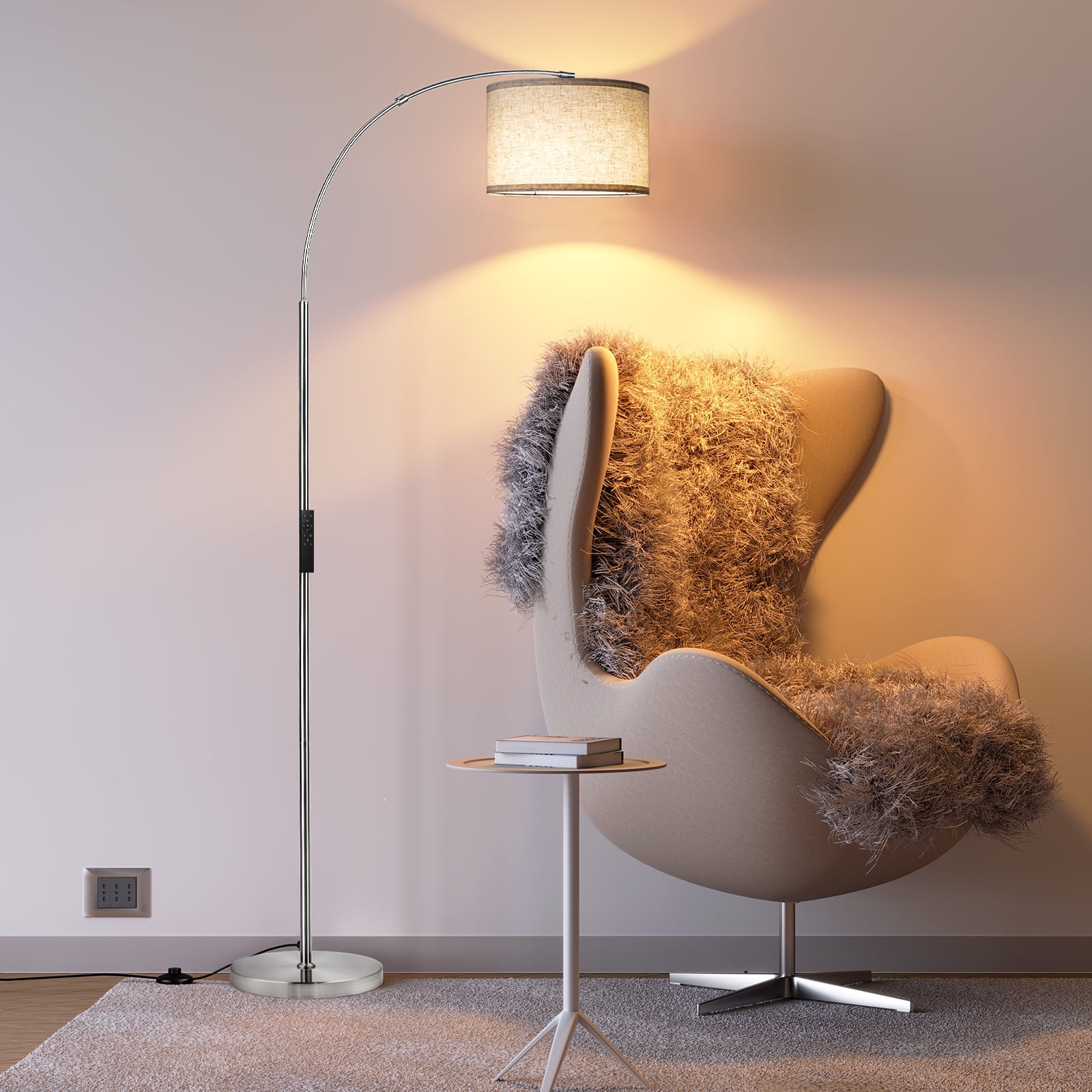 SUNMORY Arc Floor Lamp with Remote, Modern Floor Lamp with Stepless Dimmer, Tall Lamp with Hanging Drum Shade, Iron, Silver