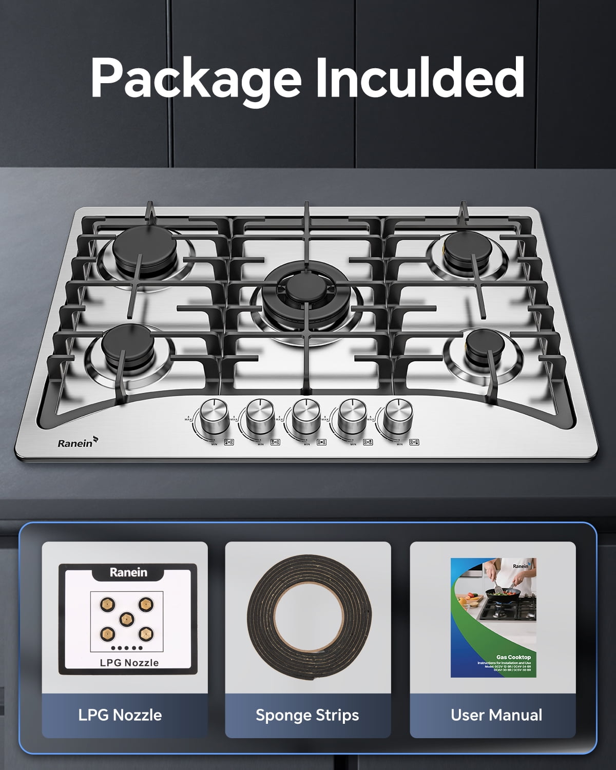 30-Inch 5 Burner Gas Cooktop Stove Top, Built-In Gas Stove, 304 Stainless Steel, NG & LPG Convertible, High-Performance Sealed Burners for Apartment, Indoor, and Portable Kitchens
