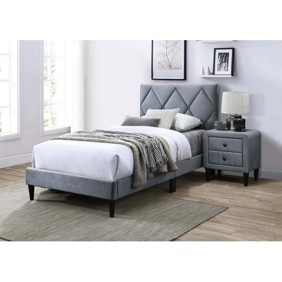 Poundex Adjustable Diamond Tufted Headboard Twin Bed Frame in Gray Velvet