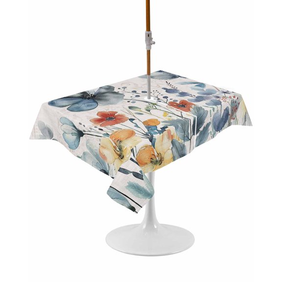 Outdoor Table Cloth with Umbrella Hole and Zipper, Blue Spring Floral Waterproof Rectangle Tablecloth 54"x80", Vintage Watercolor Summer Botanical Washable Table Cover for Outside Party Patio Picnic