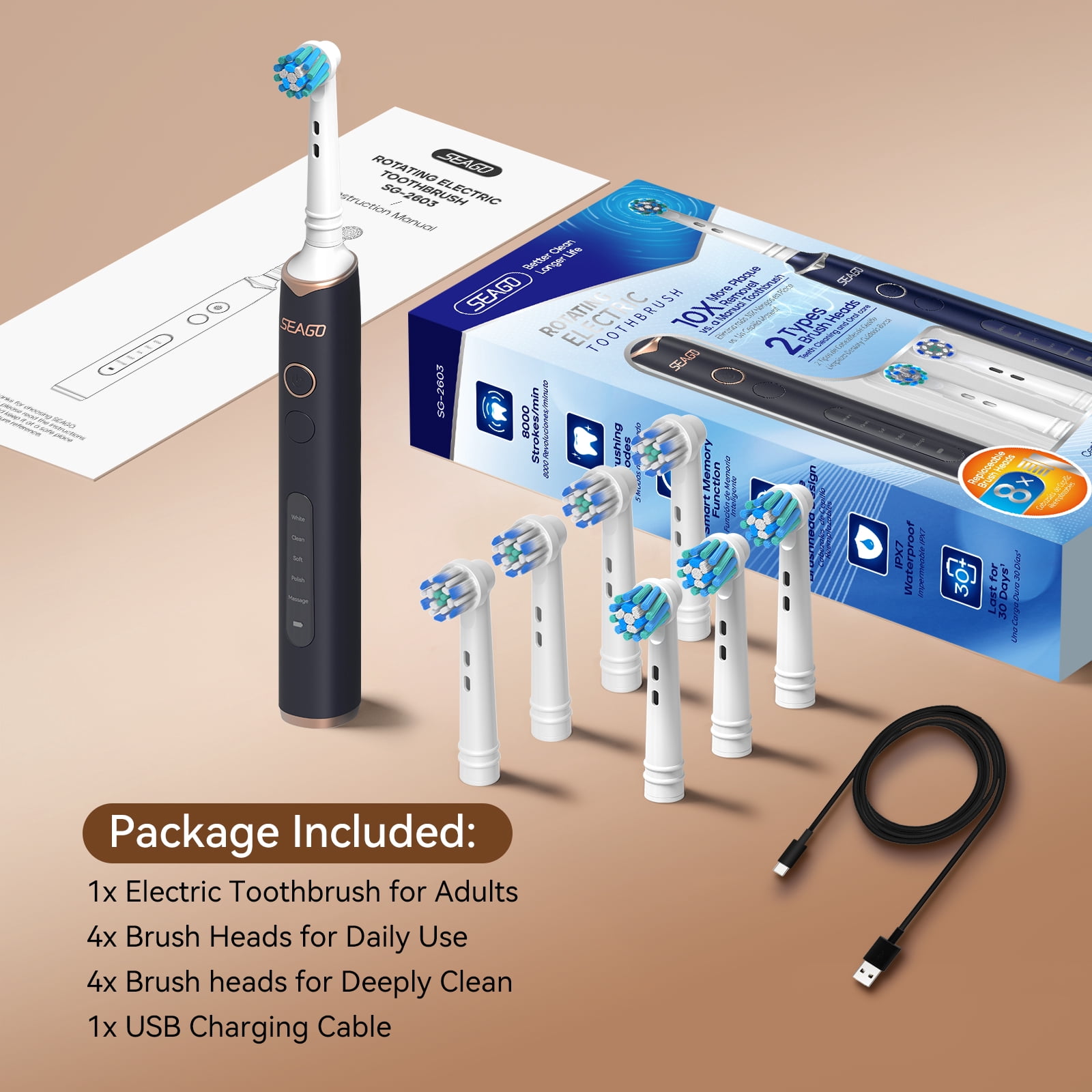 SEAGO SG-2603 Rotating 5 Cleaning Modes Electric Toothbrush with 8 Brush Heads, Black