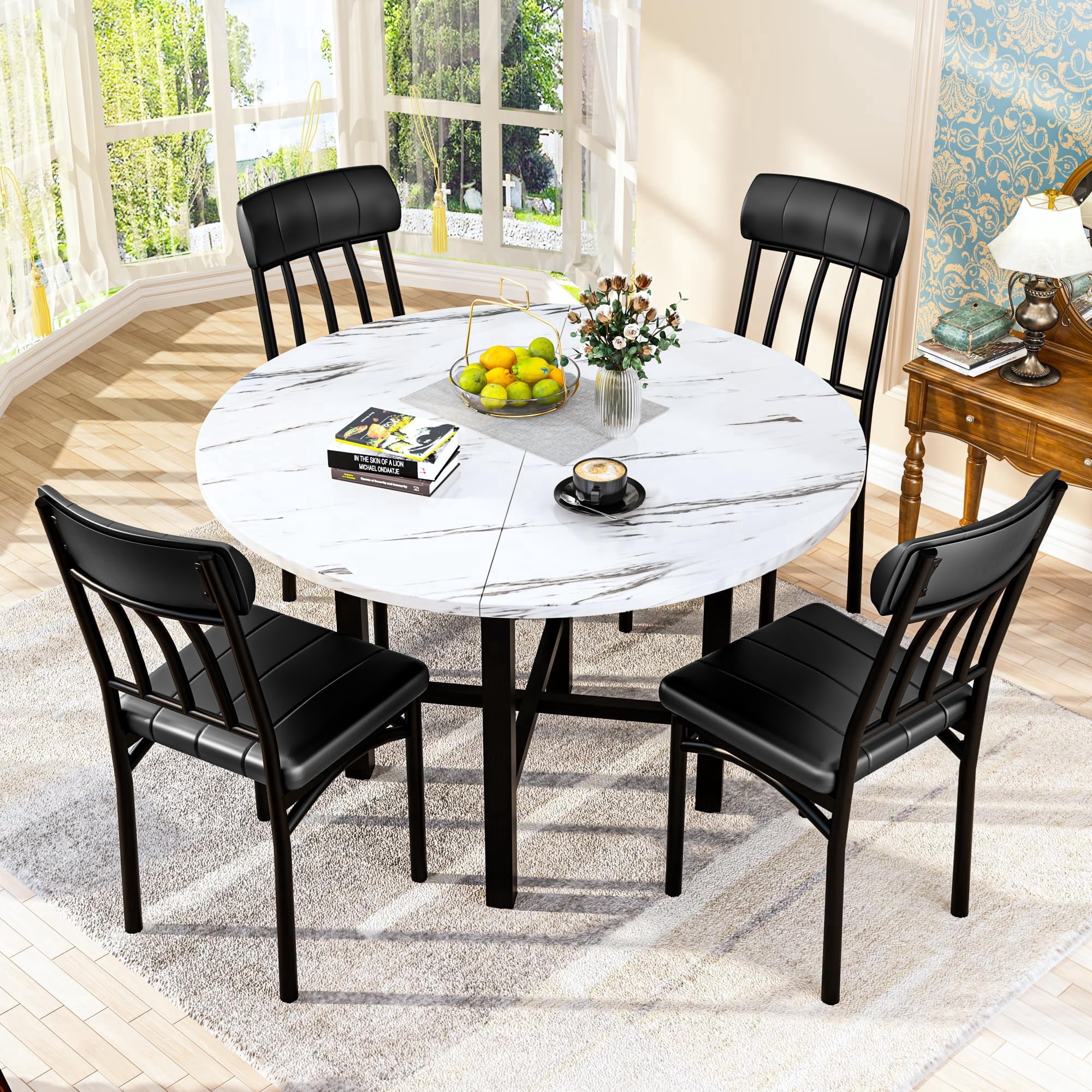 MOOSENG Round Dining Table Set for 4,Faux Marble Circle Dining Table Set with Chairs,Modern Kitchen Table and Chairs Set for 4,Round Dinner Table & Chair Set for Small Space