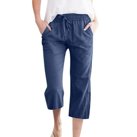 Womens Capris Trousers Cotton Linen Pants Drawsting Elastic Waist Straight Leg Loose Cropped Pants with Pockets