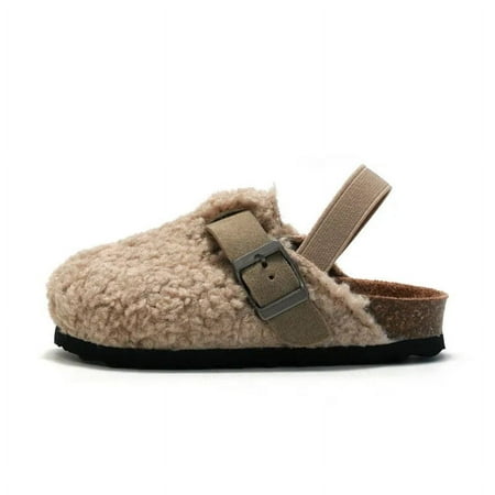 

Child Baby Boys Girls Warm Fuzzy Slipper Plush Sandals Cork Faux Fur Flats Toddler Prewalker Slipper Elastic Back Strap