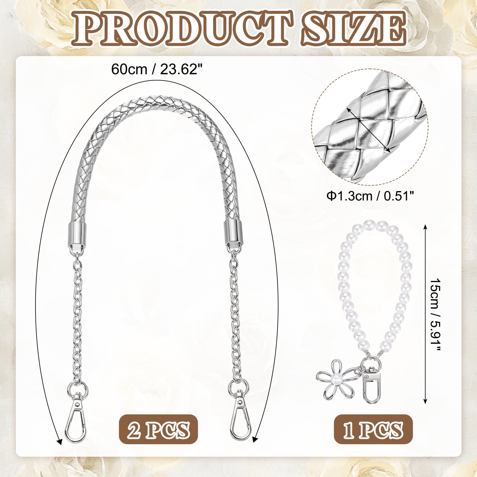 Uxcell 2 Pcs PU Leather Chain Purse Strap, 23.6 Inch Braided Purse Handles Replacement Strap with Pearl Pendant for Tote Bag Handbag Underarm Bag (Silver, Silver Chain)