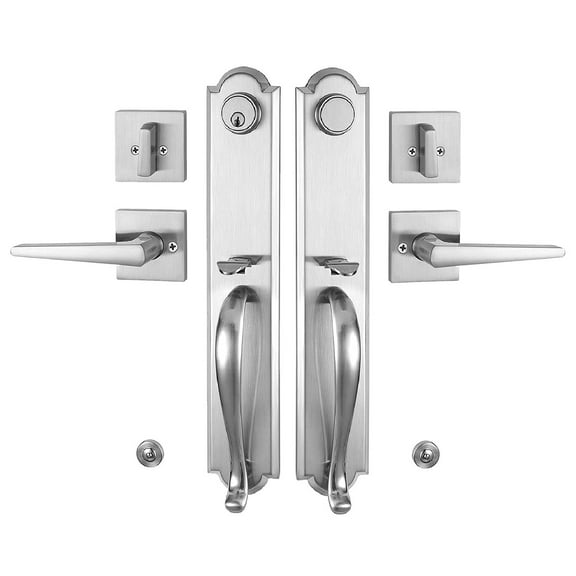 Front Door Handle Double Door Lock Set with Camelot Trim in Satin Nickel