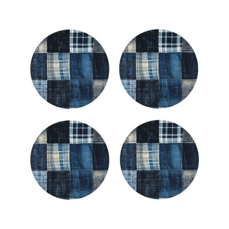 

Coasters Set of 4 - Indigo Patchwork Quilt Drink Coasters for Tabletop Protection Leather Coasters for Living Room Decor and Housewarming Gift Round Shape