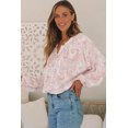 thumbnail image 4 of Women's Pink Paisley Print Buttons Bubble Sleeve Blouse, 4 of 5