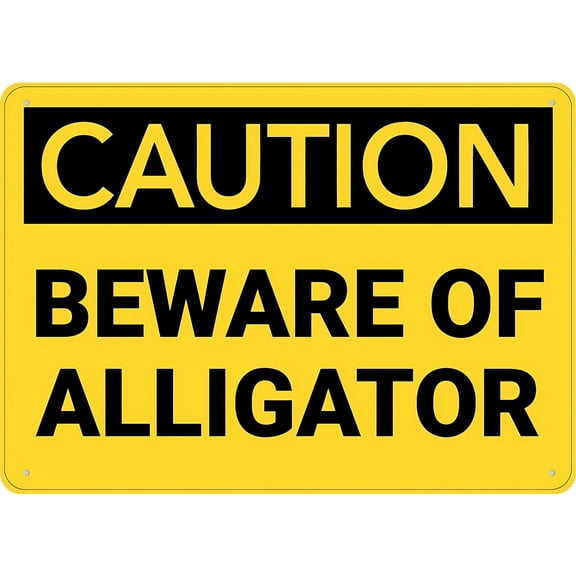 Caution Beware of Alligator Rust-Free Aluminum Sign 12 x 8 Inches - UV Protected, Waterproof, Weatherproof, Fade Resistant, 4 Pre-Drilled Holes, Wetland, Zoo Area