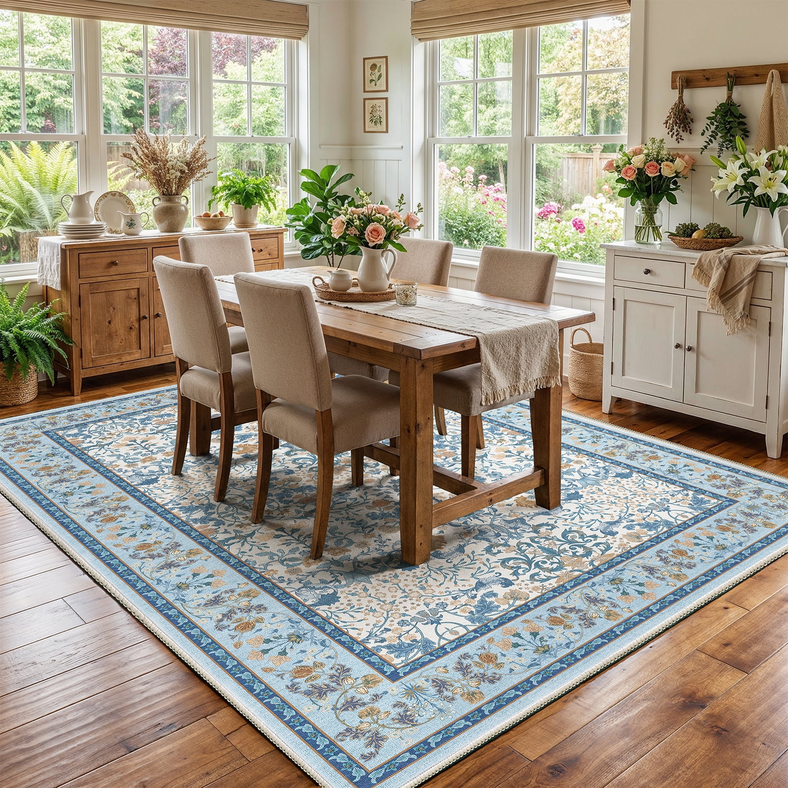 CHITOOMA 5'x7' Area Rugs for Living Room, Floral Washable Rug Boho Non-Slip Printed Carpet, Vintage Stain Resistant Indoor Rug for Bedroom Dining Room Home Office
