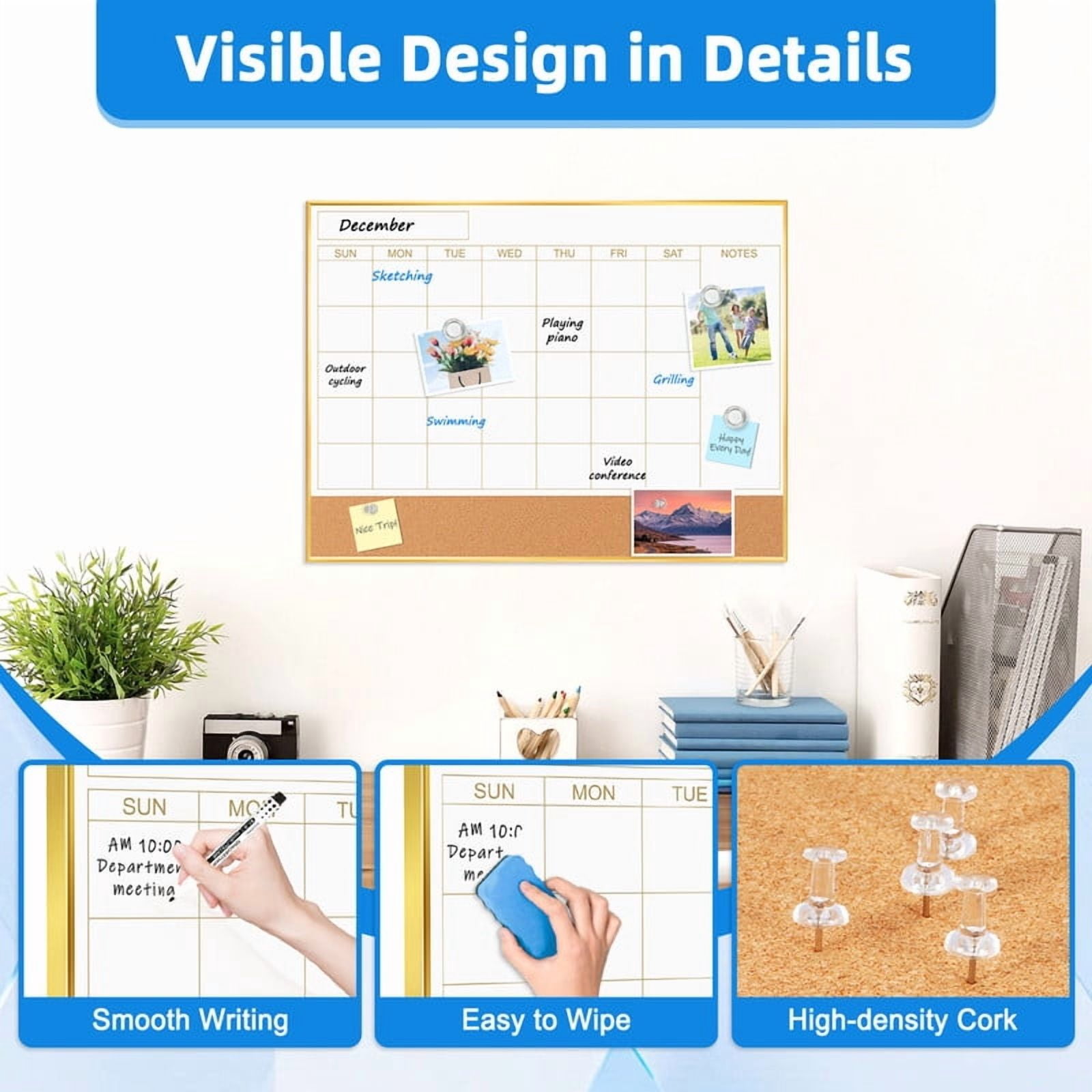Dry Erase Calendar Whiteboard Cork Board Combo 24"x18" Magnetic White Board Calendar Dry Erase for Wall, Monthly Calendar Whiteboard Combination Board for Office Home, Gold Frame