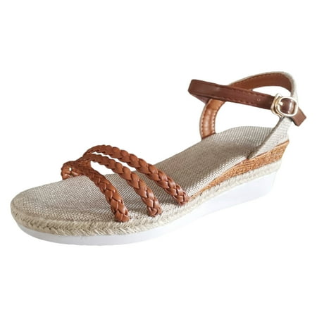 

Womens Sandals Ladies Summer Retro Colour Blocking Bohemian Style Woven Thick Bottom Slope with Large Size Sandals Slippers Orthopedic Sandals for Women(Color:Brown Size:US 9)