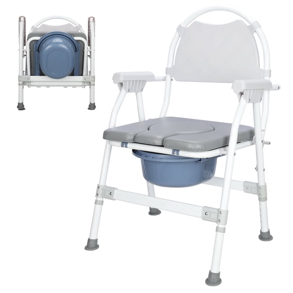 SupreGear Foldable Commode Chair, Height Adjustable Portable Bedside Toilet Seat with Removable Bucket, Gray