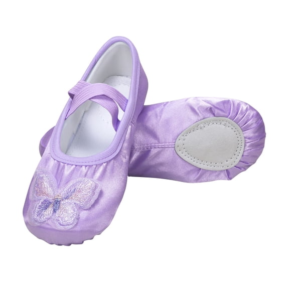 Xfvqtps Ballet Shoes for Girls Soft Sole Non Slip Cross Elastic Straps Butterfly Embroidery Satin Dance Shoes for Gymnastics Performance Purple