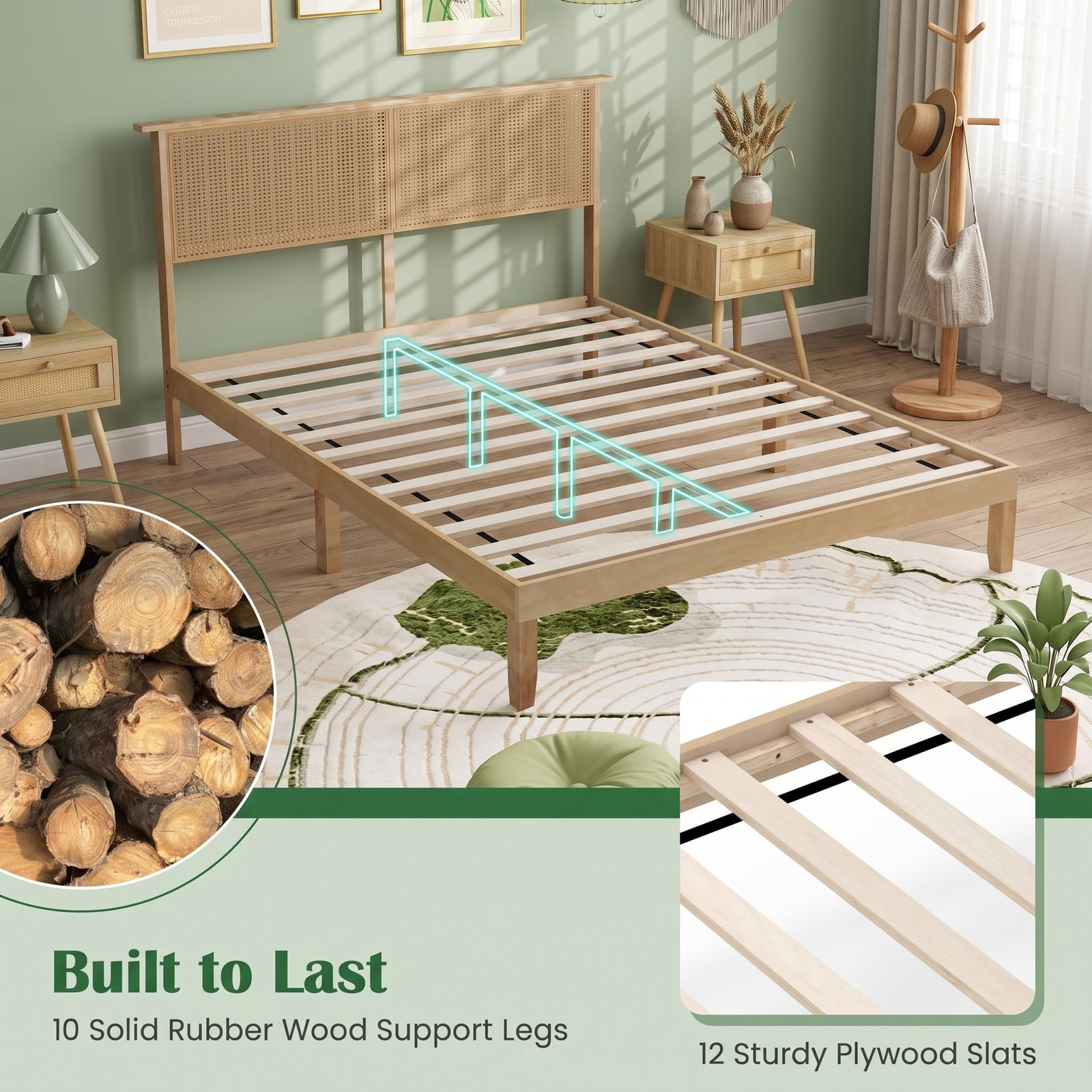 Furnibear Queen Bed Frame with Headboard, Wood Platform Bed Frame with Boho Rattan Headboard and Slat Support, No Box Spring, Natural