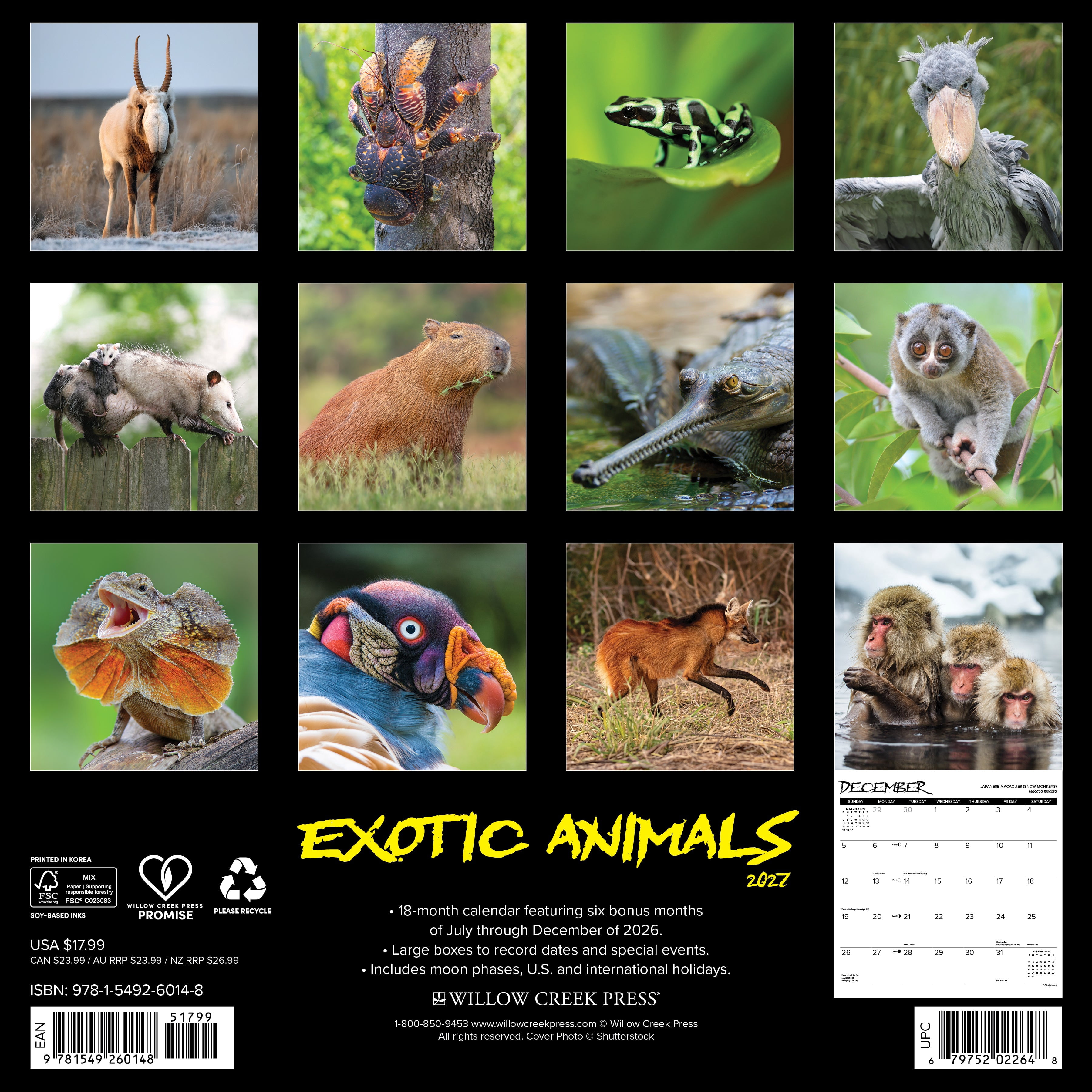 Willow Creek Press, Exotic Animals 2027 Wall Calendar