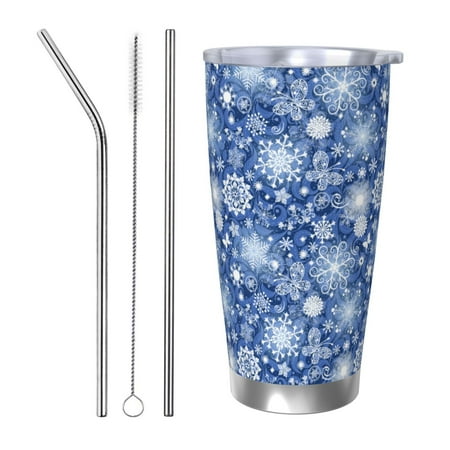 

Gukieu whiet Snowflake blue background Print 20OZ Car Cup Vacuum Stainless Steel Leak-proof Thermos Cup Unisex Suitable for Home Outdoor and Sports-Straw Three-piece Set