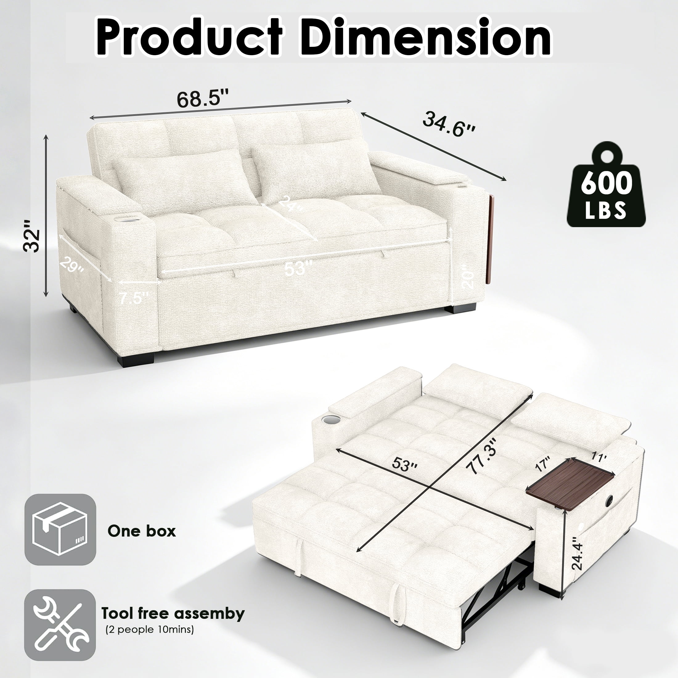 ShiKeyi 68.5'' 3-in-1 Velvet Convertible Sleeper Sofa, Pull Out Sofa Bed with Storage & Charging Port, Beige