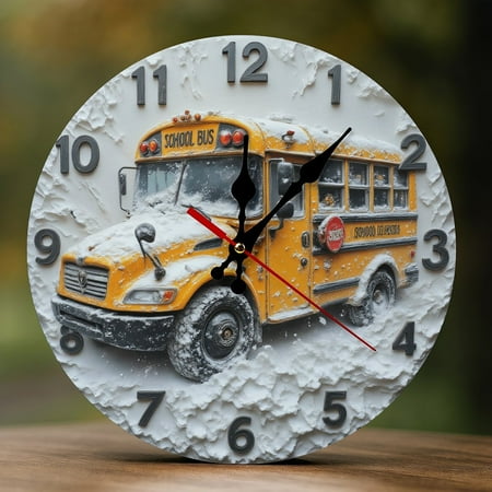 Wall Clock Decorative - Winter School Bus Print 2D Vintage Wall Clocks Battery Operated Silent Non-Ticking for Bedroom, Living Room, Kitchen, Office, Classroom, 10 Inch