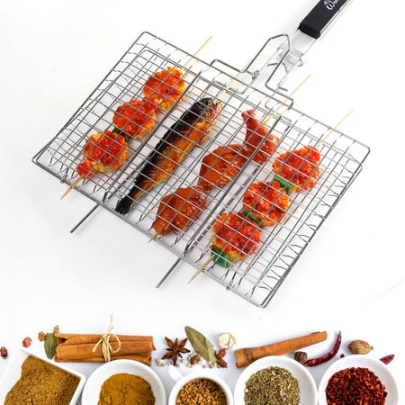 Portable BBQ Grilling Basket Stainless Steel Grills for Fish Vegetable Steak, Removable Wooden (Best Fish Grilling Basket)