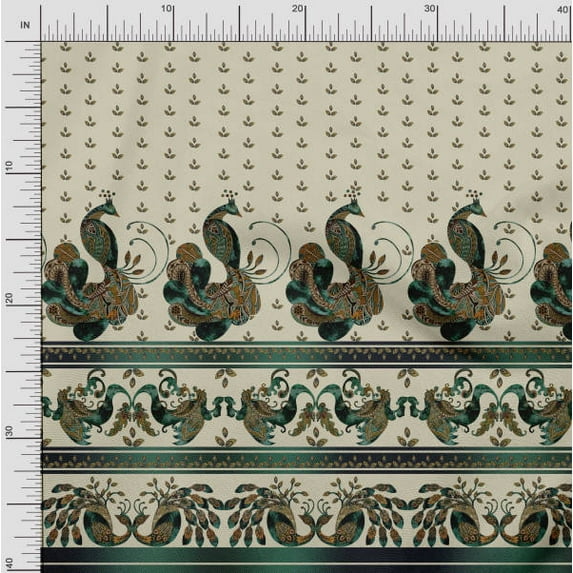 Soimoi Rayon Fabric Feather & Peacock Panel Decor Fabric Printed Yard 56 Inch Wide