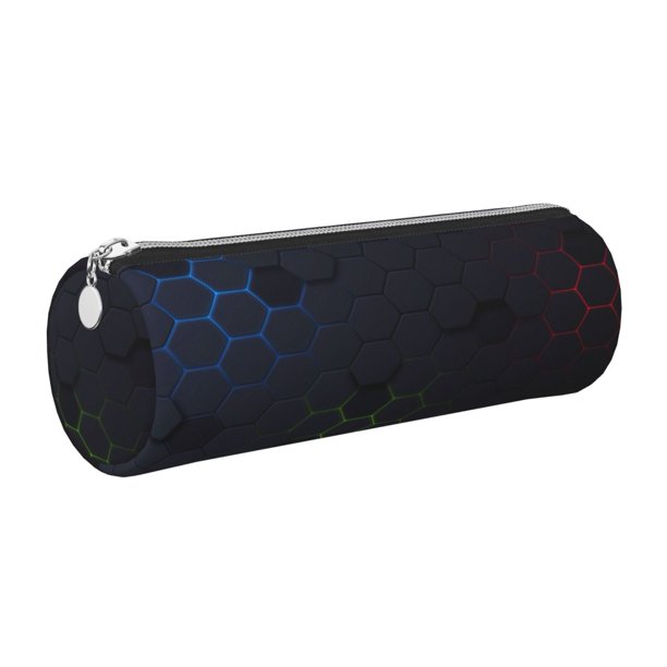 Easygdp Modern Hexagonal Neon Grid para Estuche de Lápices Cilíndrico de Cuero con Cremallera, Organizador de Lápices de Cuero para Escuela, Oficina y Viajes