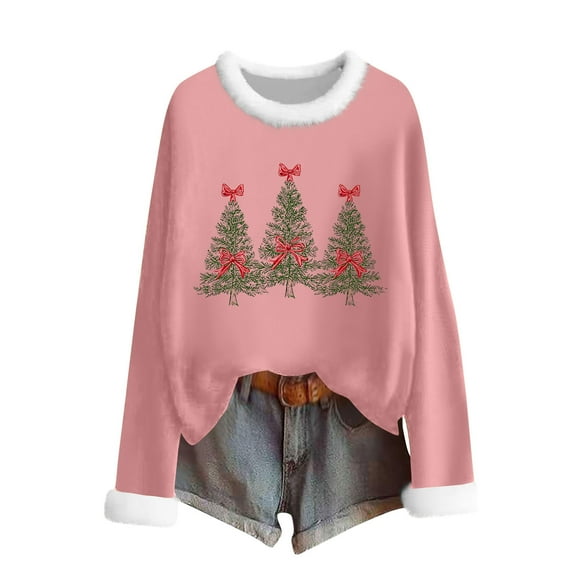 Womens Oversized Sweaters Christmas Sweatshirts with Faux Furry Trim Crew Neck Long Sleeve Pullover Holiday Tops (XL, Pink)