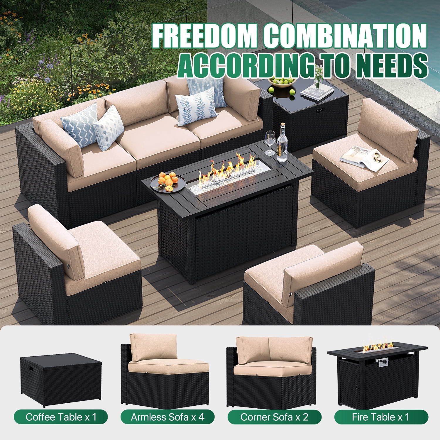 Clouddwell 8-Piece Patio Furniture Set With Fire Table On Sale, Black Rattan Wicker Outdoor Sectional Sofa Couch with Table Patio Conversation Set for Lawn& Backyard, Beige
