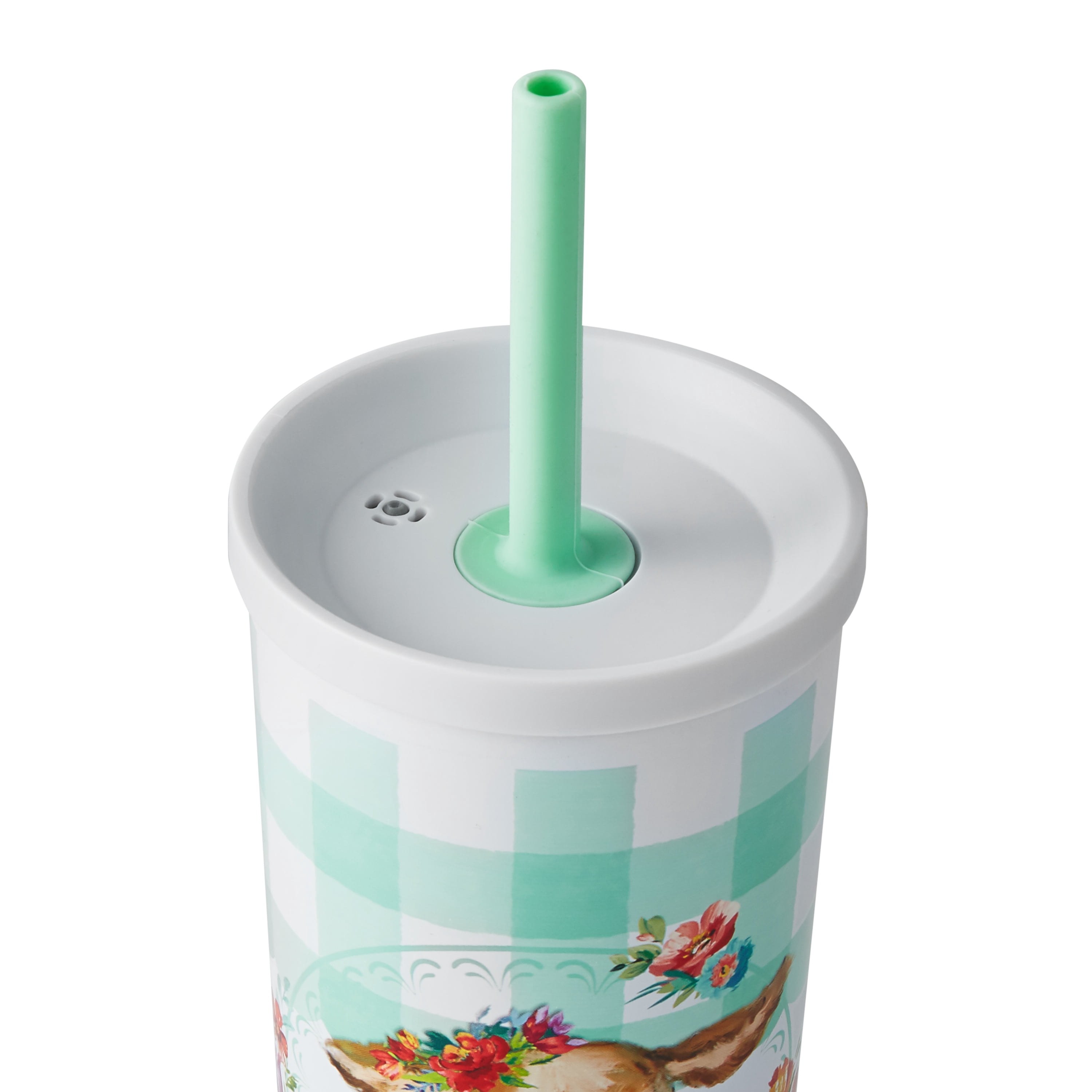 The Pioneer Woman Gingham Cow 27 fluid ounce Stainless Steel Tumbler with Hot & Cold Lids, White