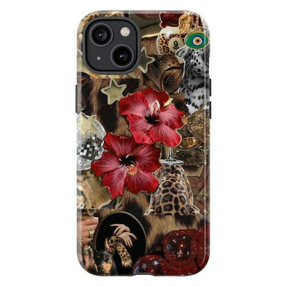 Wild Collage Phone Case, Red Hibiscus Floral and Leopard Print Artistic iPhone Cover, Unique Protective Case for iPhone 17 16 15 14 13 12 11 Plus Pro Max Mini