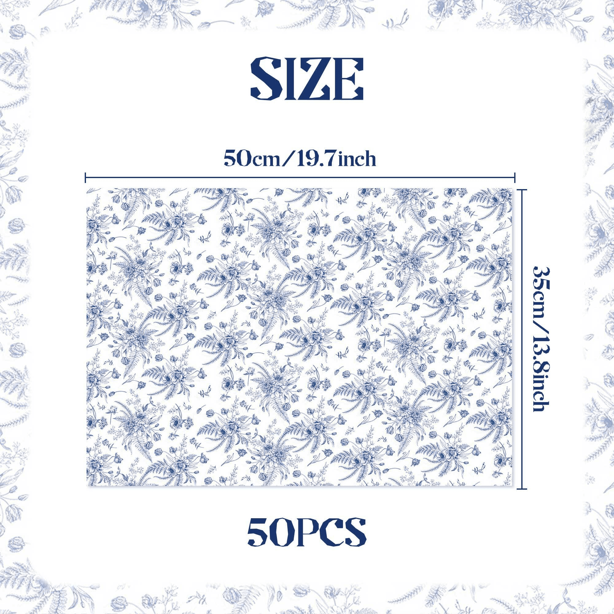Blue and White Porcelain Patterned Tissue Paper - Chinese Elegance for Party Decor & Gift Wrapping, 50 Sheets