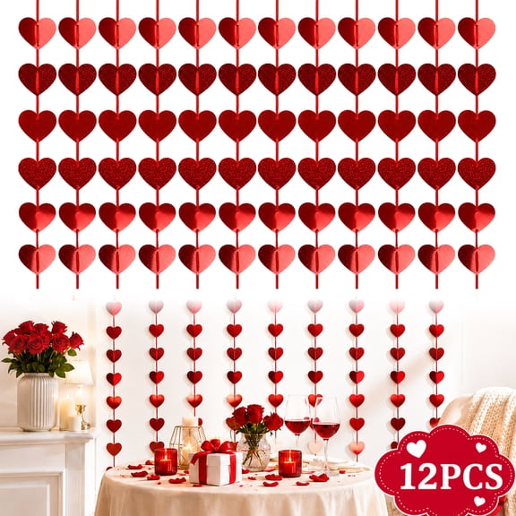 12Pcs Valentine's Day Decorations Heart Garland - Party,Anniversary, Wedding, Hanging String Decor Supplies