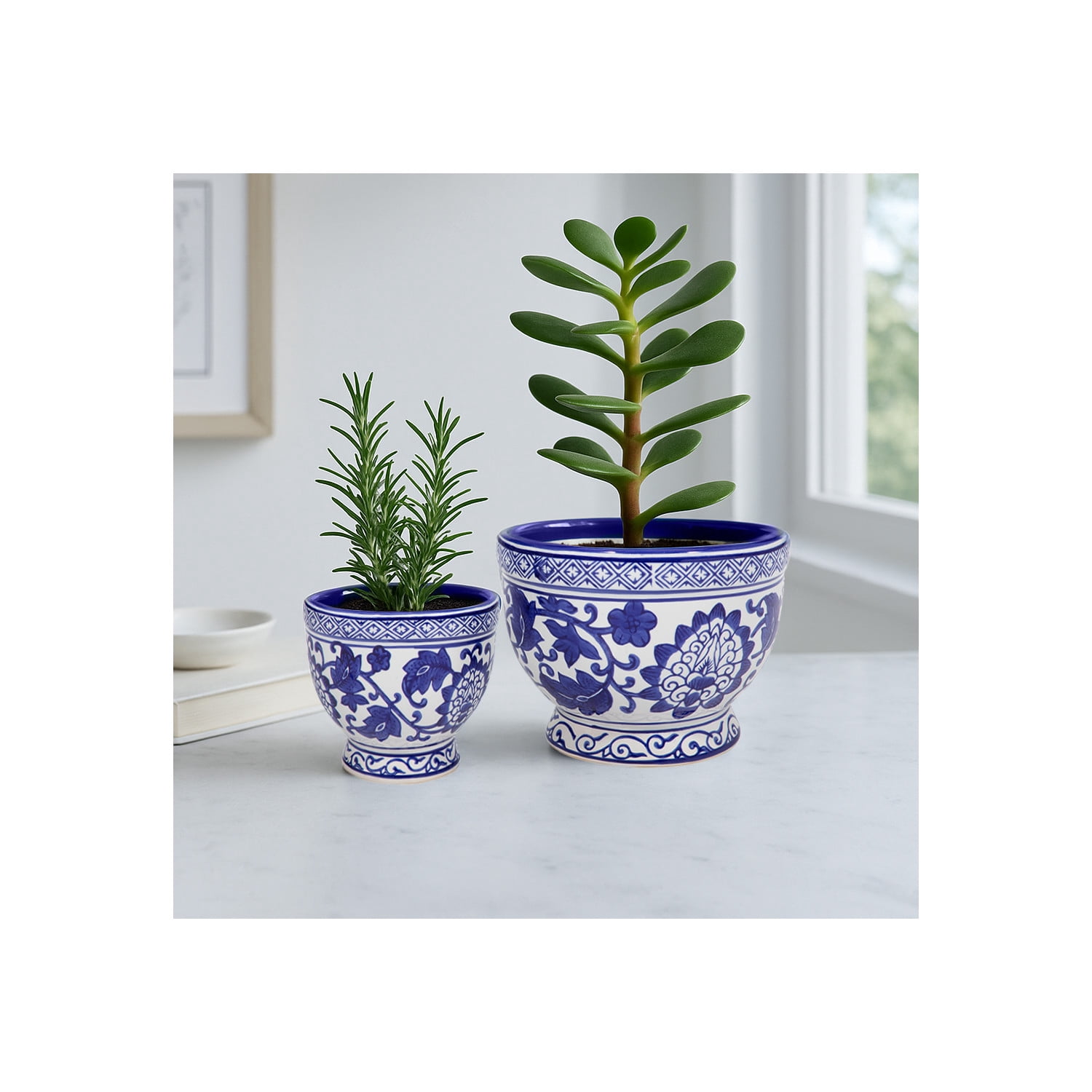 Chinoiserie Flower Pots for Home Decor - Stoneware Ceramic Bowls with Floral Design for Planters for Indoor and Outdoor Plants - Pots For Plants Accent for Garden - Set of 2, 5", 4", Blue & White