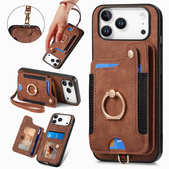 ELEHOLD For iPhone 17 Pro Max Wallet Phone Case, Card Slot Ring Holder Flip Kickstand Shockproof Wallet Cover Wrist Strap,Brown