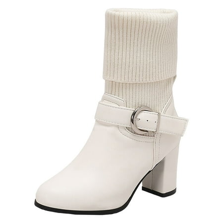 OJSFQUFP Womens Shoes Winter Warm Boots Ladies Casual Solid Color Warm Knitted Wool Boots Heel Belt Buckle Big Size Short Boots Ankle Boots Cute Boots for Women White 38