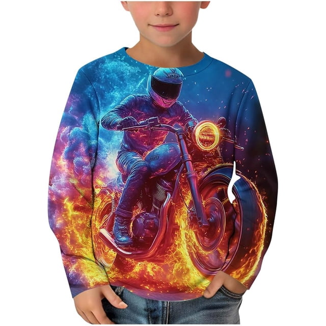 T-shirt pour Enfants Bleu Imprimé Manches Longues Garçons Hauts d'Automne Col Rond T-Shirts Basiques Confortables Taille Garçons 7-8 Ans