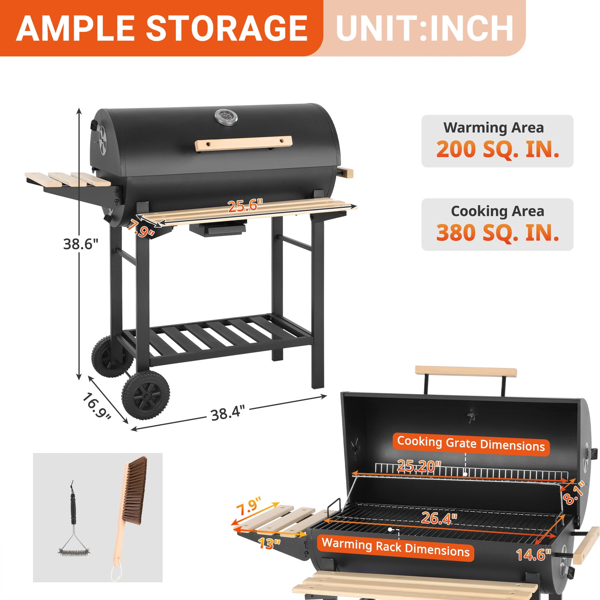 Seizeen Charcoal Grill with Thermometer & Large Cooking Space, Smoker Grill, BBQ Grills for Camping & Picnic, Iron, black