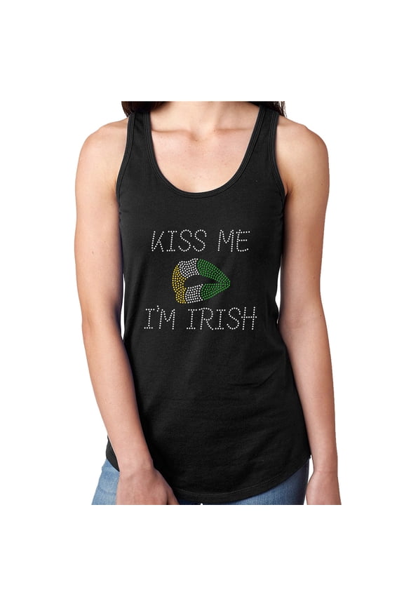 Womens T-Shirt Rhinestone Bling Black Tee Kiss Me Lips Ireland I'm Irish Tank Racer Back Large