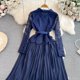 thumbnail image 4 of Vestido de empalme de encaje de solapa de manga larga de lujo ligero para mujer, vestido plisado de línea a Delgado, elegante, primavera y otoño, 4 of 5