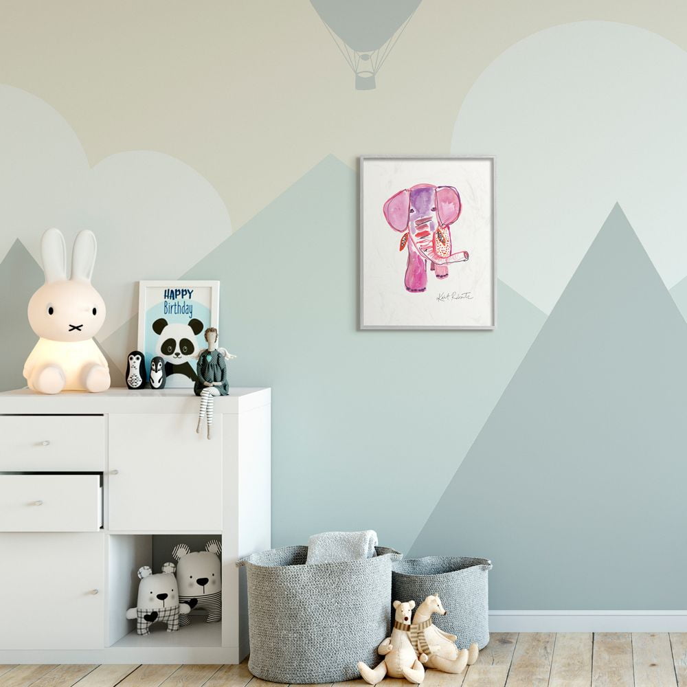Stupell Industries Kid's Pink and Red Elephant Watercolor Zoo Animal Framed Wall Art Design by Kait Roberts, 16" x 20", Gray Framed