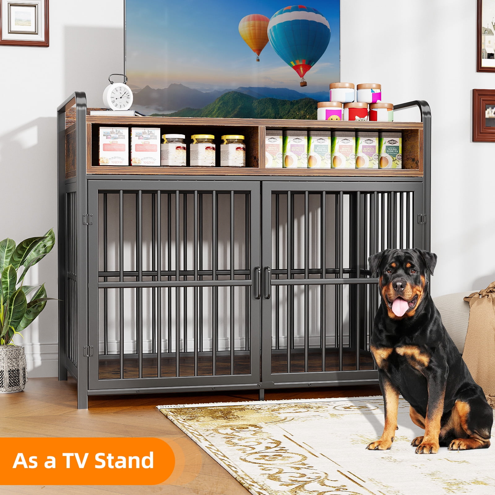 ModFurne Large Dog Crate Furniture with Drawers Storage, Puppy Dog Kennel Indoor with Double Doors, Brown