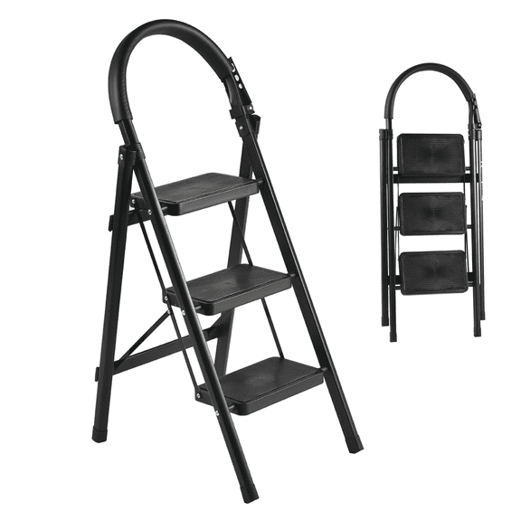 Takira Step Ladders,Adult 3 Step Folding Ladder with Padded Handrail,Metal Portable Ladder.Black