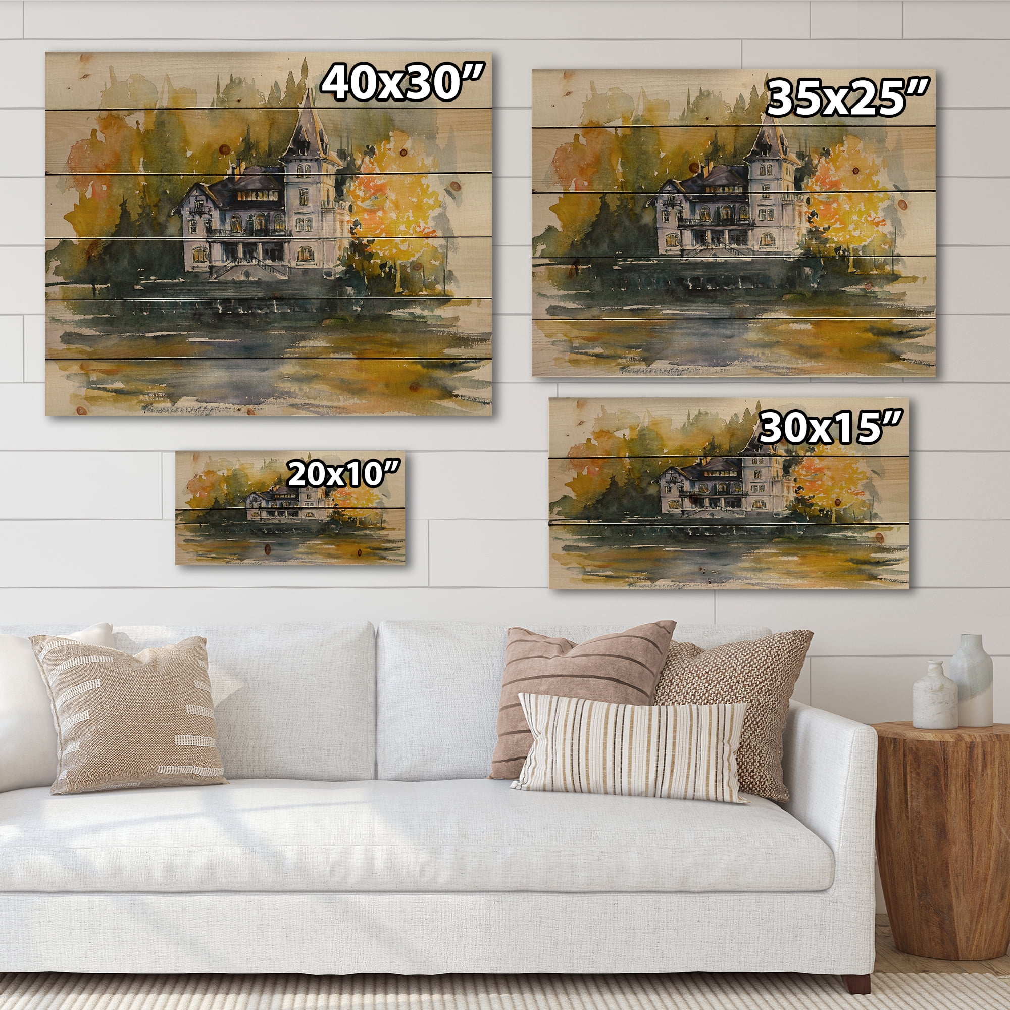 Designart 'Castle With Autumn Trees By The Lake' Lake House Print on Natural Pine Wood