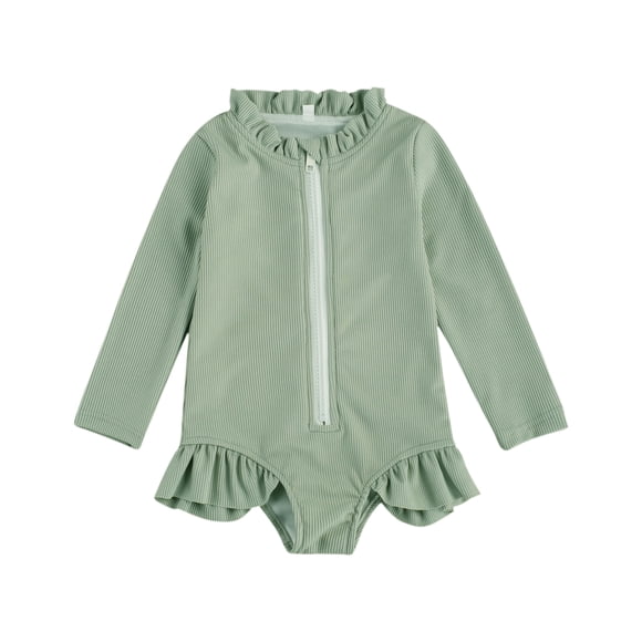 ITFABS Maillot de Bain une-Pièce à Manches Longues pour Bébé Fille, Maillot Dermoprotecteur à Volants et Fermeture Éclair Uni
