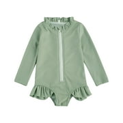 ITFABS Baby Girls Long Sleeve One-Piece Swimsuit, Solid Color Ruffle Zipper Rash Guard Swimwear Bathing Suit