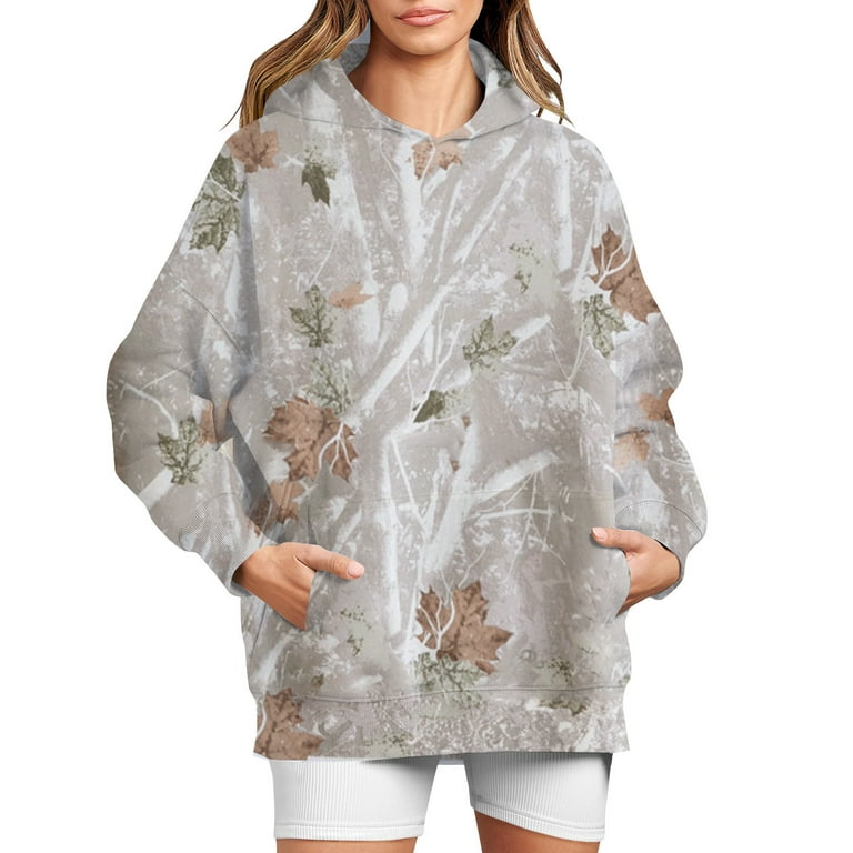 PURJKPU Women's Camo Hoodie Maple Leaf Print Oversized Sweatshirt
