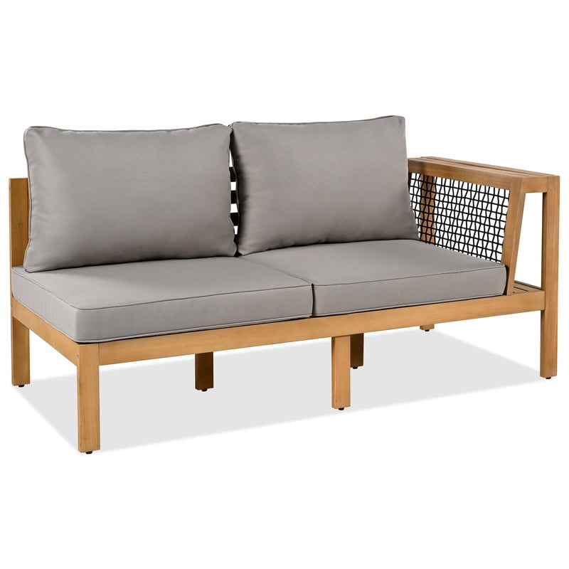 4 Pieces Outdoor Acacia Wood Sectional Sofa Set with Cushions & Coffee Table, Patio Furniture Set with Woven Mesh Armrests and Side Table