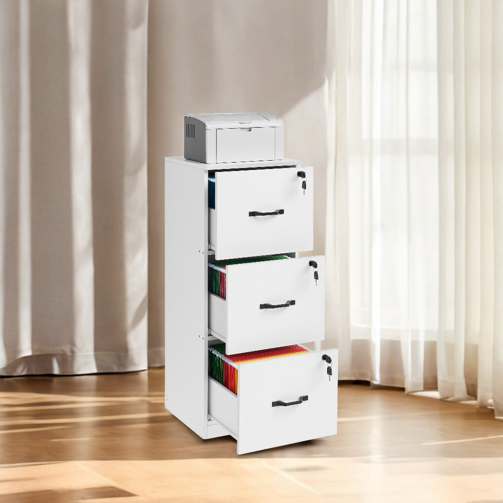 File Cabinet, Printer Stand with 3 Lockable Drawers, Adjustable Hanging Rails, Cloud White