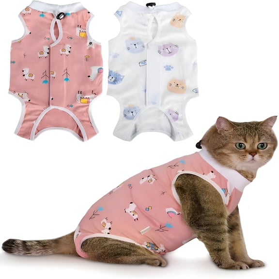 ELORIAH 2 Pack Cat Recovery Suit, Breathable Cat Onesie for Cats after Surgery Female, Anti-Licking, M